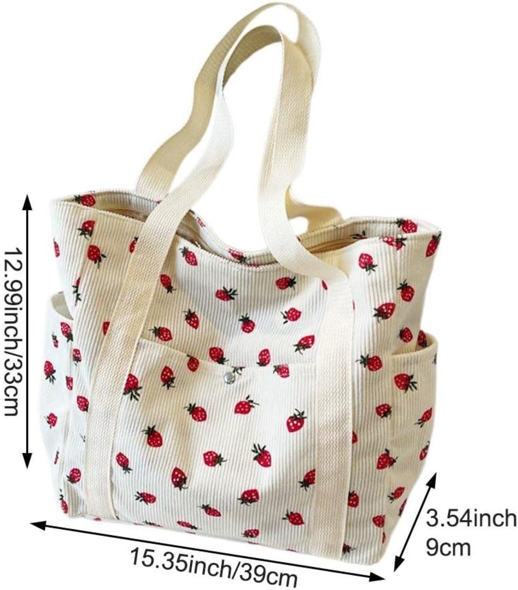 QTTVBTNA - 1 stuk Opvouwbare Schoudertas Aardbeien Print - Schouder Tas - Boodschappentassen - Cord Tassen voor Dames - Tas - Lichtgewicht & Ruime Opbergtas voor Werk,Strand en Boodschappen - Mode Accessoire voor Vrouwen en Meisjes - 39x33x9 cm - Wit — cadeau in Mode & Accessoires - foto 2