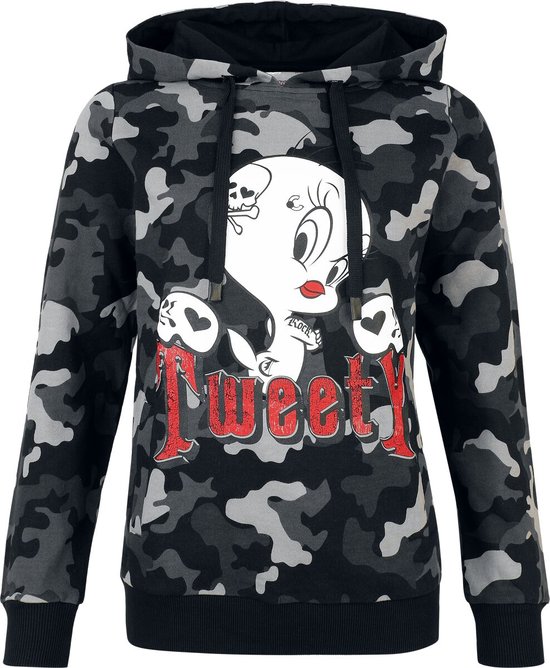 Grijze camouflage hoodie met Tweety Vogel en 'Tweety' tekst in rode letters.