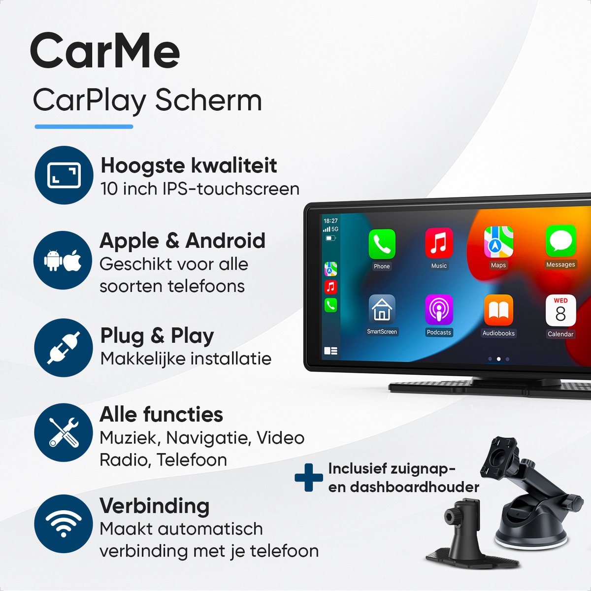 CarPlay Android Auto scherm 10 inch touchscreen draadloos met navigatie, Bluetooth, AUX en FM-transmitter - Afbeelding 2