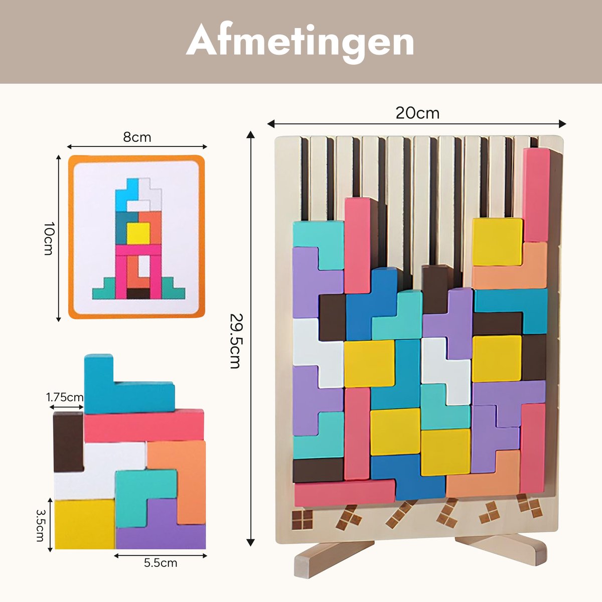 Bitey Houten Speelgoed Tetris Puzzel - Kinder Speelgoed - Leren & Spelen - Educatief Peuter & Kleuter Speelgoed 3 jaar – 3D Blokken met Houder + Opdrachtkaarten — afbeelding 4