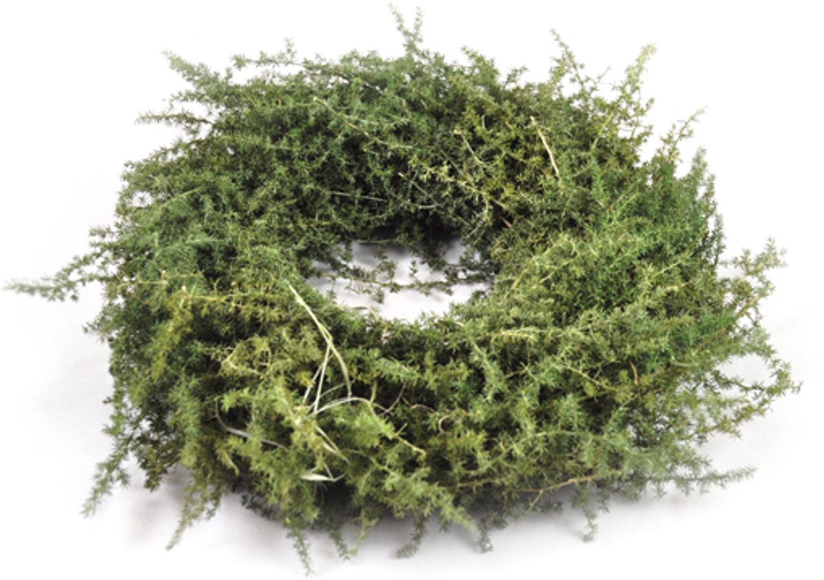 Sfeervolle grijze aspergekrans met stoere, sobere uitstraling, perfect voor herfst en kerstdecoratie.