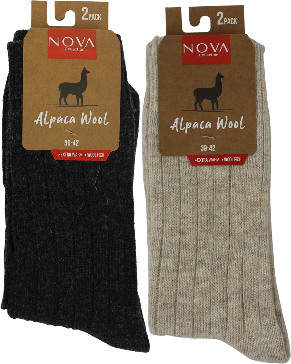 Nova- Premium Alpacawol 43 46- Alpaca Sokken - Warme Sokken - Wintersokken - huissokken - Thermosokken - 2-paar Grijs/Beige