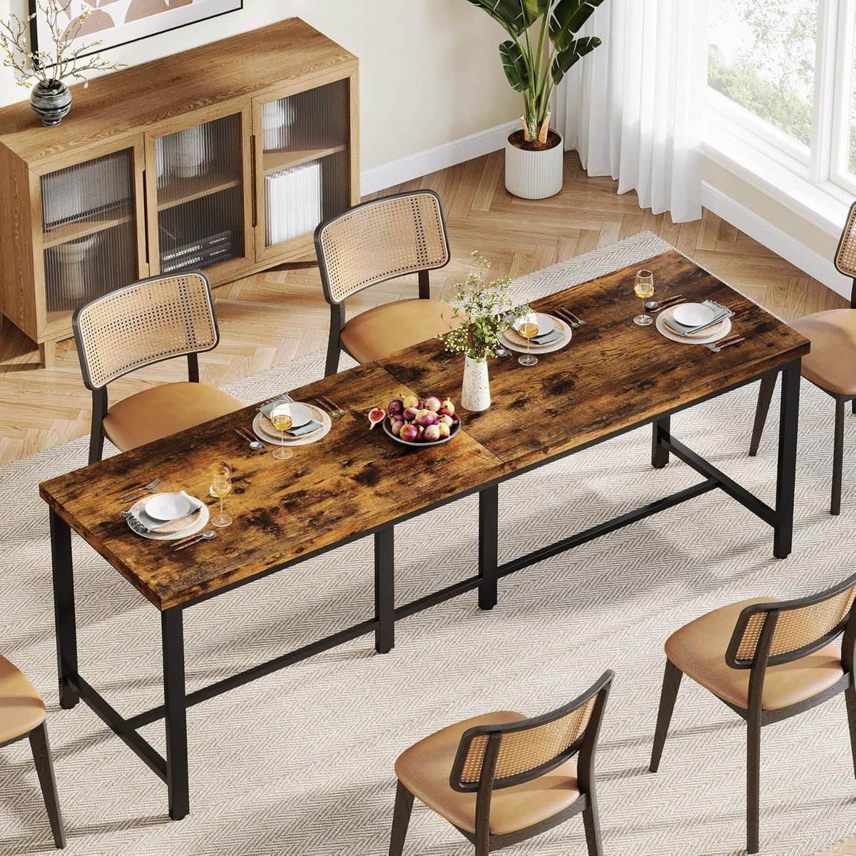 Rustieke Industriële Eettafel 200 cm voor 6–8 Personen, Grote Rechthoekige Houten Keukentafel met Metalen Poten, Moderne Rustieke Bruine Eettafel voor Woonkamer, Kantoor of Eetkamer – Meda Home Store