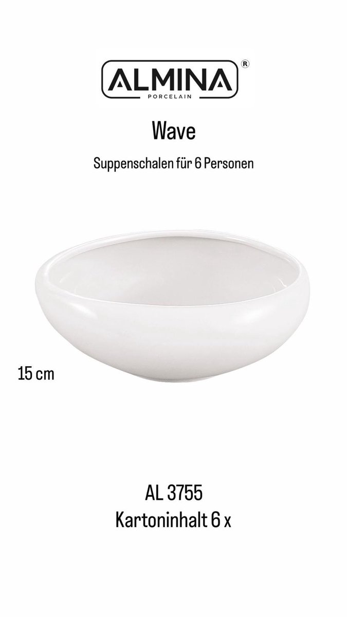 Almina Wave Soepkommen – 6 Stuks – Ø 15 cm – Porselein – Wit – Modern & Elegant Design
