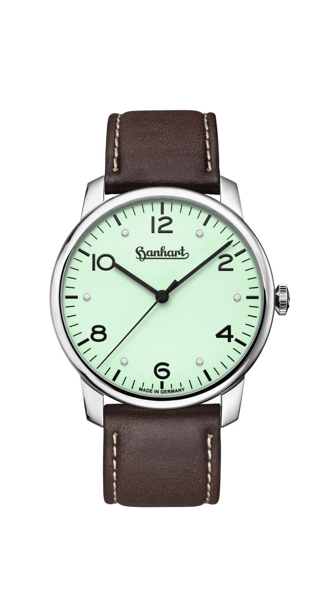 Hanhart horloge Silva Pistachio - pistache groen - bruin leder band - leer - 38,5 mm