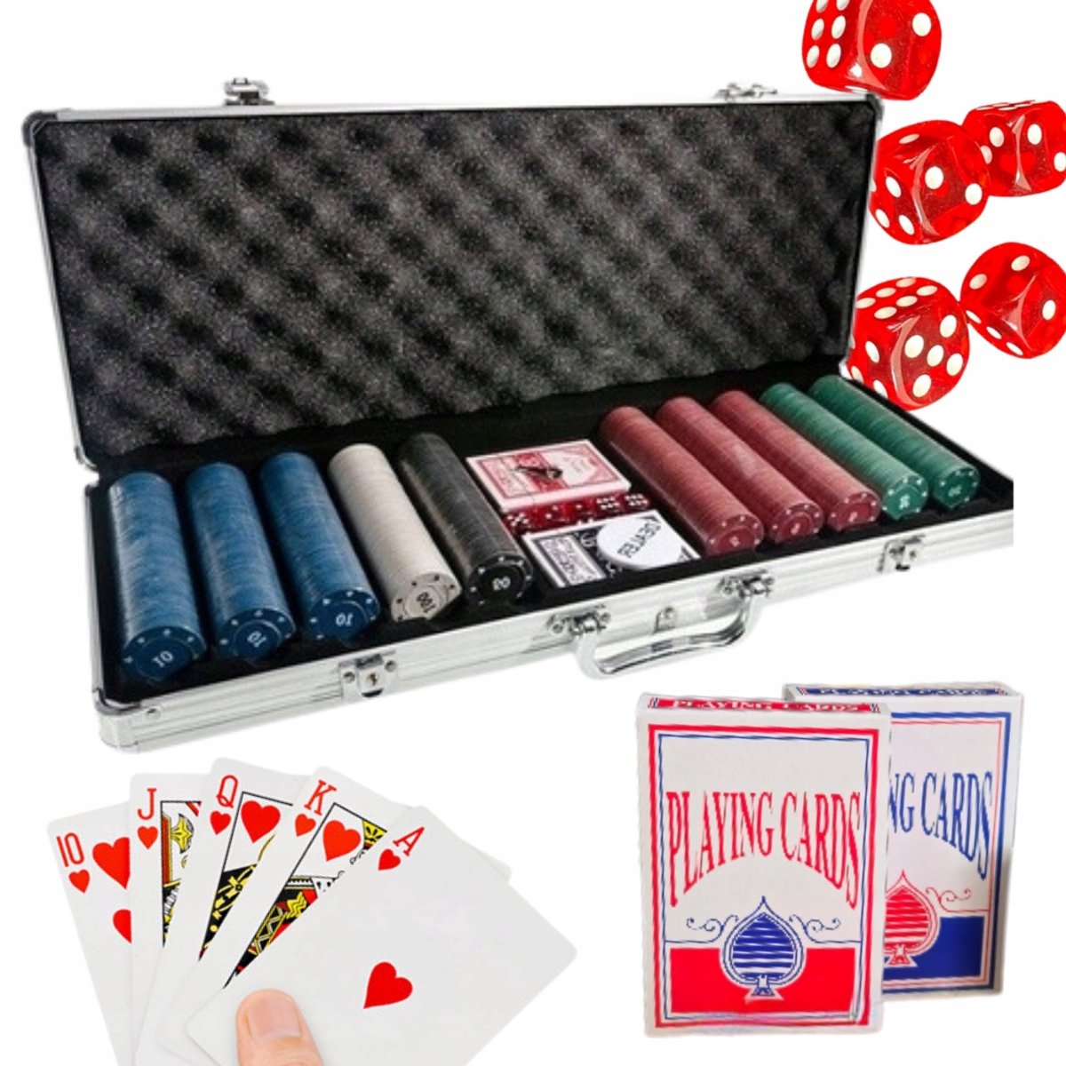 Pokerset 500 fiches, 2 kaartspellen, 5 dobbelstenen, aluminium behuizing