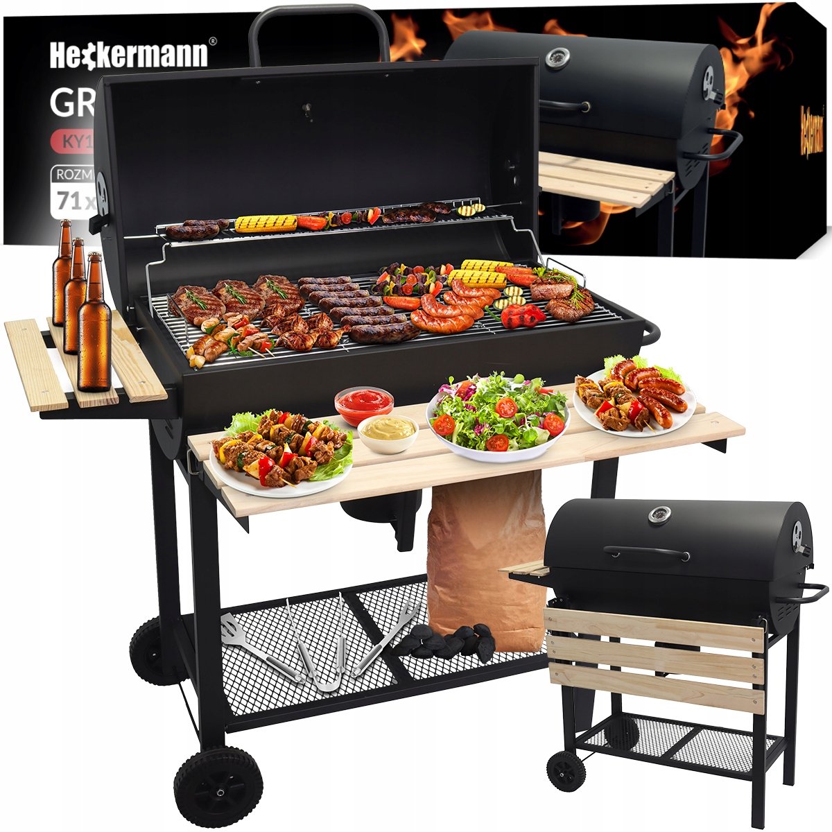 Heckermann Koolgrill op wielen met 2 roosters, thermometre en opbergvak