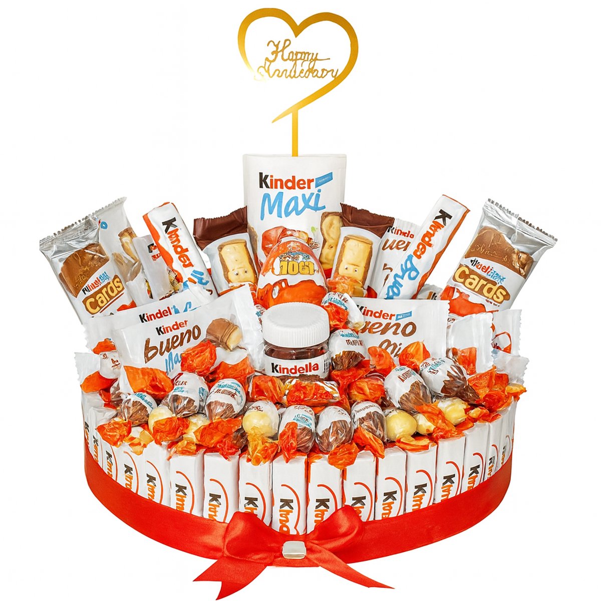 Ronde Luxe Snoeptaart met Kinder Chocolade, met taartopper Happy aniversary - Luxecadeaumanden