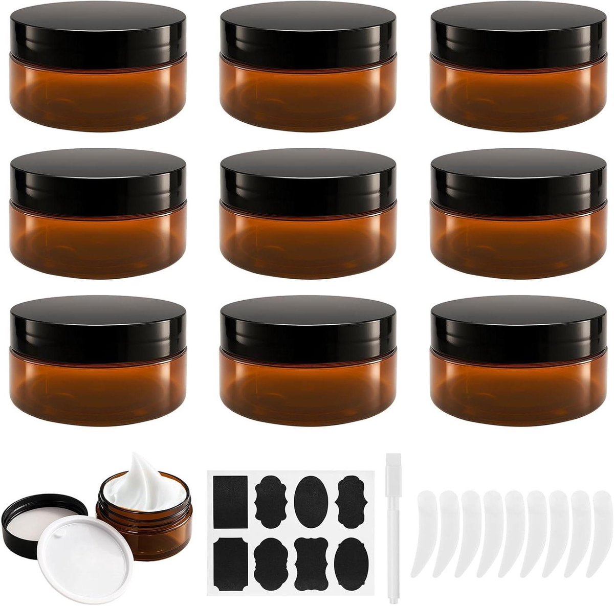 Image of 9 stuks 80 ml crèmepotjes voor cosmetica en crèmes - bruin kunststof potje met deksel en voering