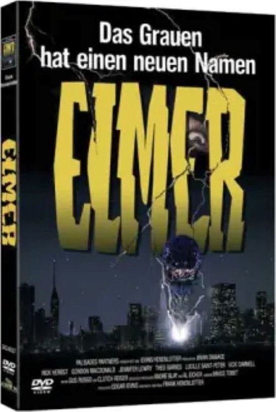 DVD-hoes met de titel "Das Grauen hat einen neuen Namen ELMER" met bliksemschichten en een stadssilhouet.