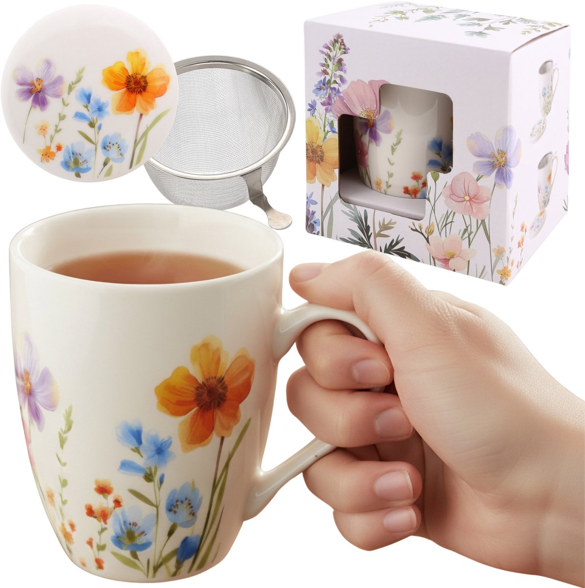 Theeset: porseleinen beker MOK 340 ml met infuser en deksel VOOR KRUIDEN, verpakt als CADEAU