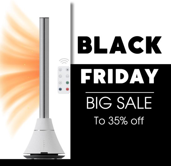 BLACK FRIDAY (35% Korting) – BASOO BS-7100 Bladloze Ventilatortoren Wit – 2-in-1 Slimme Verwarming & Koeling – Stille Ventilator met Afstandsbediening