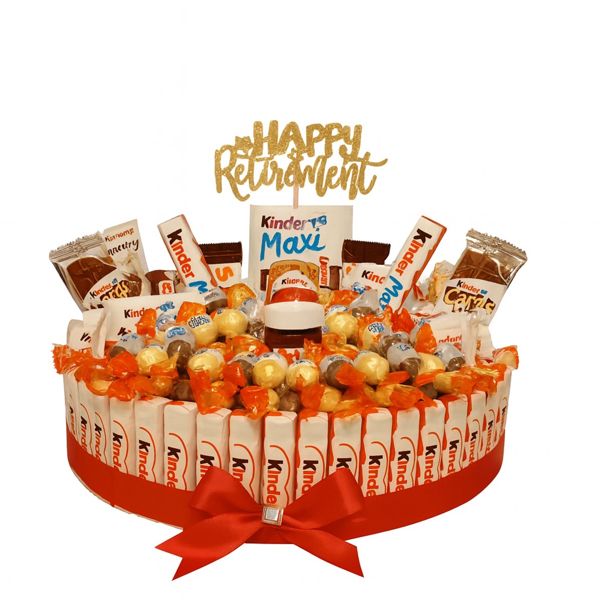 Ronde Luxe Snoeptaart met Kinder Chocolade, met taartopper Happy retirement