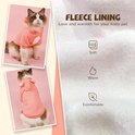 Ragdoll katten dragen roze truien met teddybeer-oren. Fleece voering wordt getoond met de tekst 'Soft, Warm, Comfortable'.