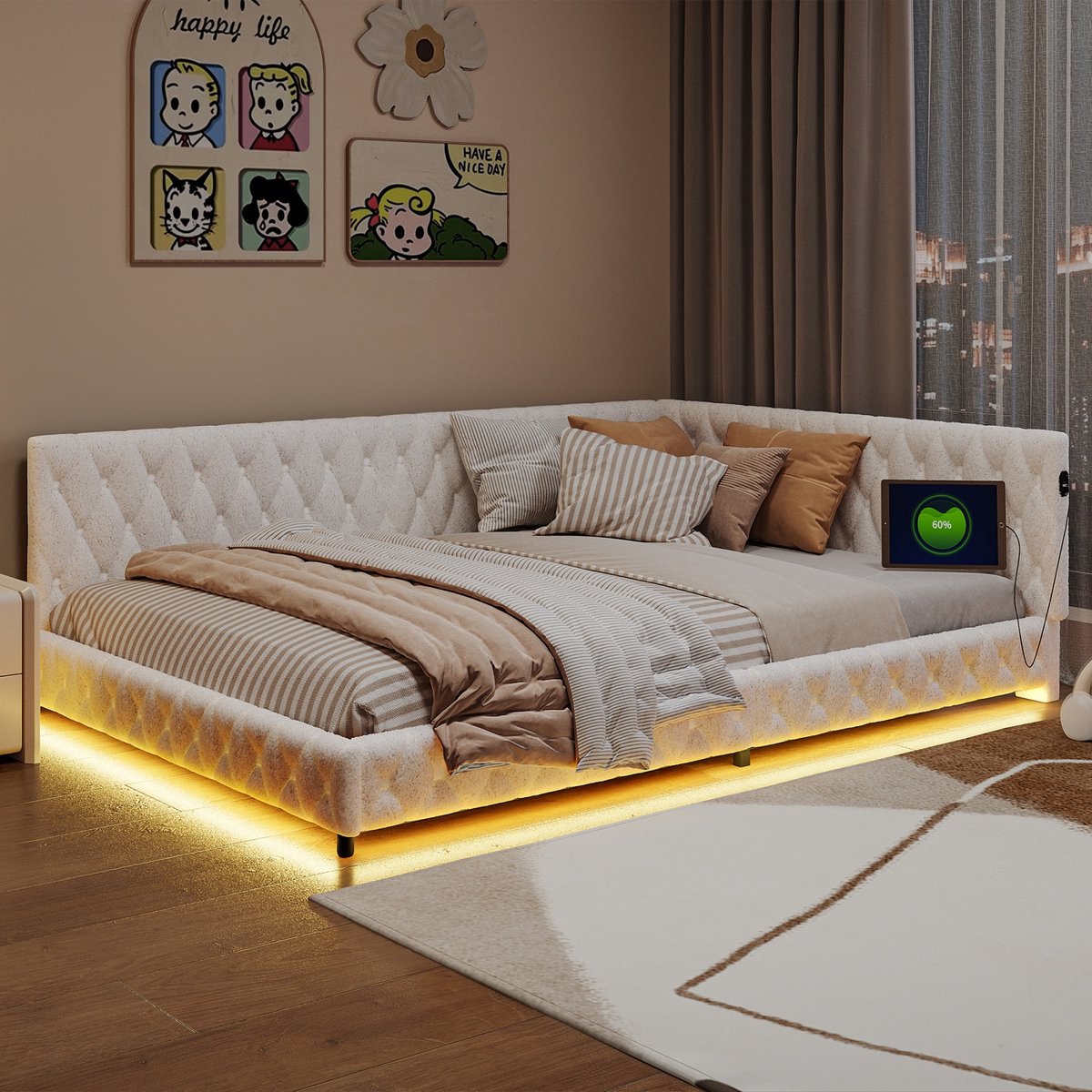 ROSAHQNDA Gestoffeerde slaapbank 140x200 met ledverlichting en USB-oplaadpoort, kinderbed, slaapbank, teddystof, zonder matras, Teddt-stof, wit (splitsen voor 2 pakketten voor verzending)
