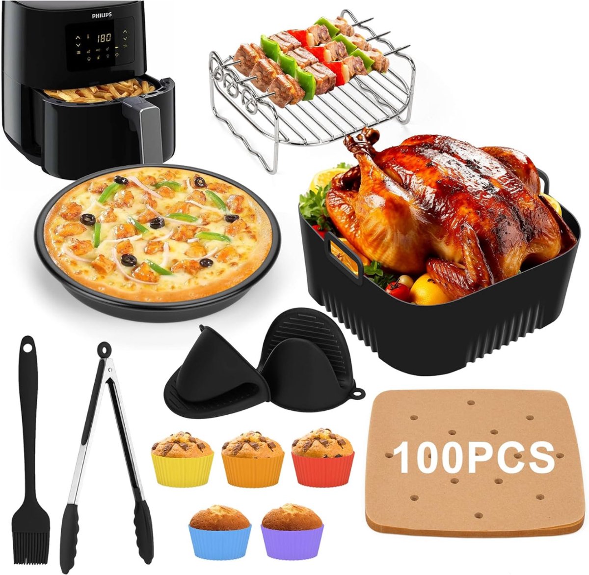 White-Label® Airfryer Accessoires - Bakpapier - Siliconen Bakje - Mand - Spatels - Oven Rek
