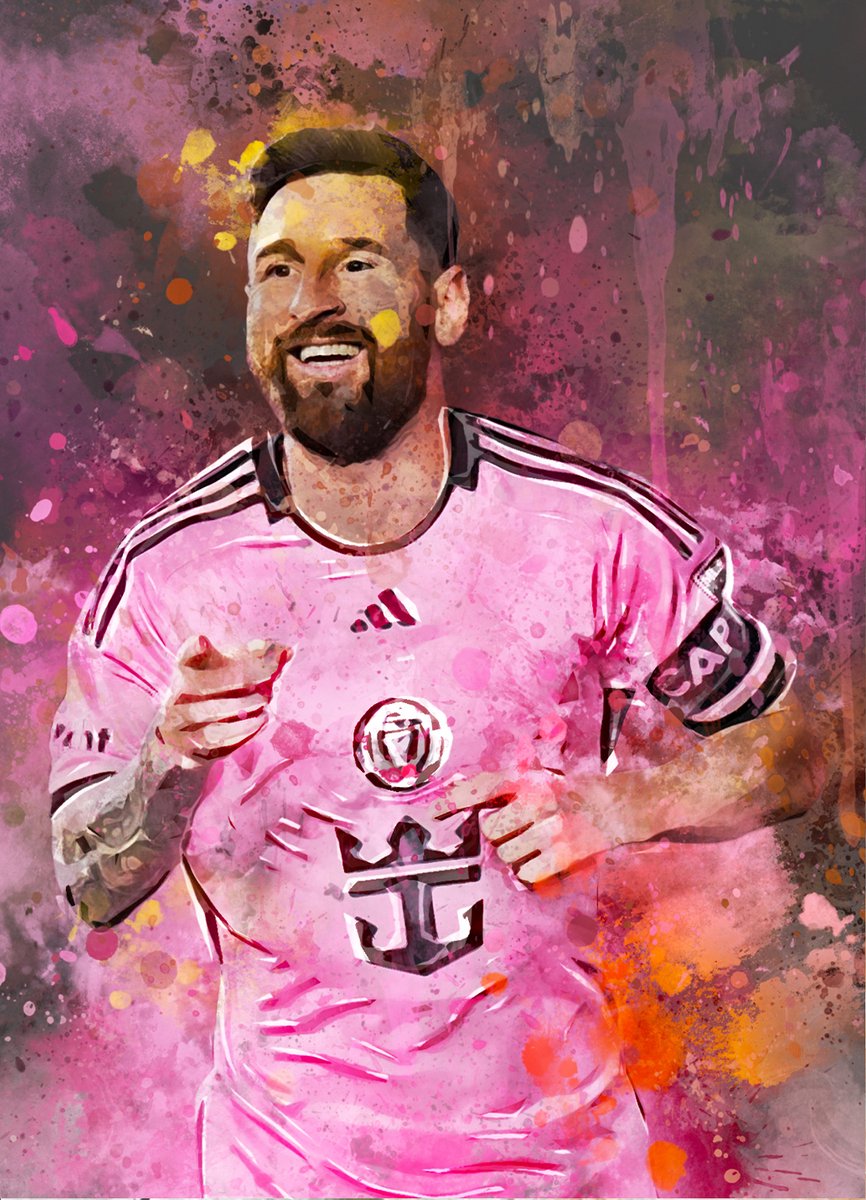 Wallofprints Messi voetbalposter A1 formaat - Lionel Messi poster - 59.4 x 84.1 cm - Unieke waterverfstijl poster van Lionel Messi in het Argentijns tenue Donkergrijze achtergrondkleur