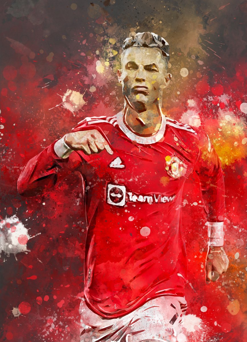 Wallofprints - Ronaldo poster op A3 semi- glossy papier - 29.7x42 cm - Sport poster - Voetbal poster - Unieke poster van CR7 in Man U tenue met donkergrijze achtergrondkleur