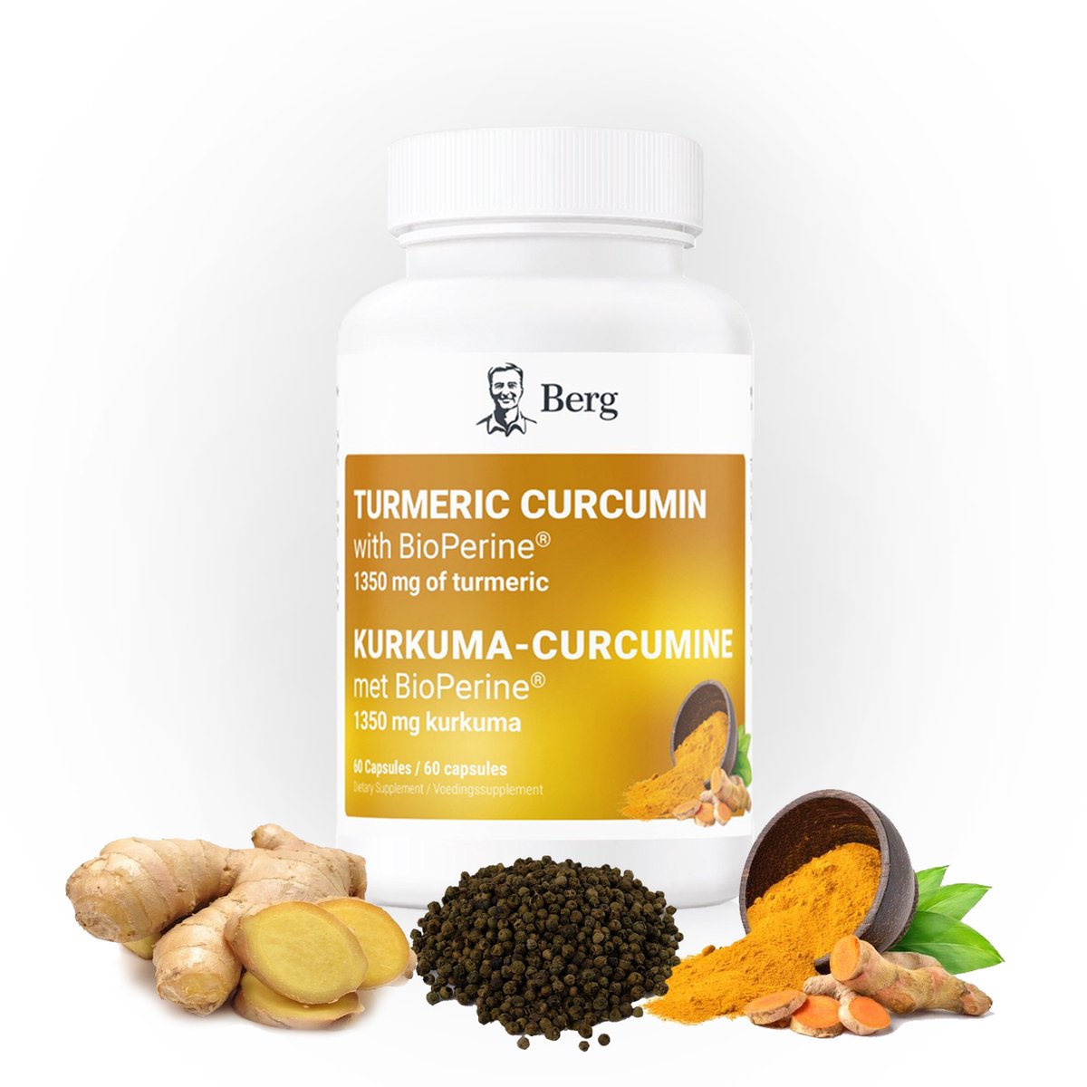 Berg Kurkuma Curcumine met BioPerine – 1350 mg Curcuma Japonica Wortelpoeder & Extract met 10 mg BioPerine – Kruidformule – 60 Capsules