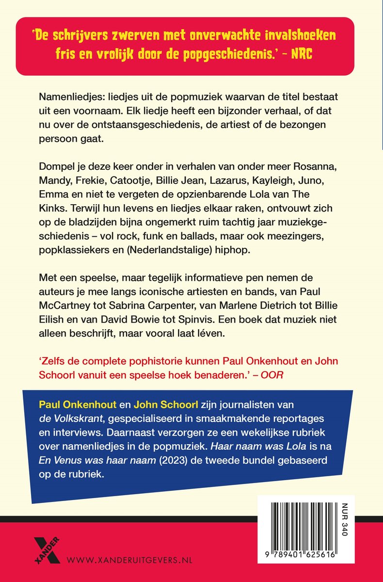 Achterkant van het boek 'Haar naam was Lola' met een recensie van NRC, een beschrijving van de inhoud en informatie over de auteurs.