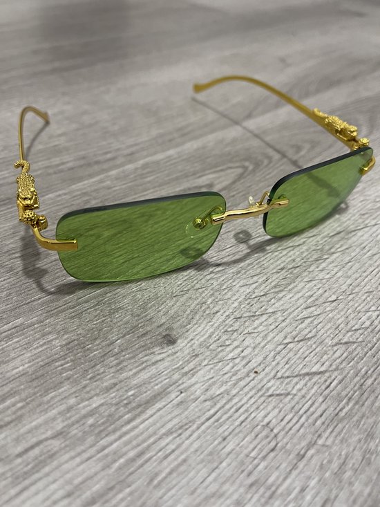 Lgeura Randloze Zonnebril unisex - Groen met Gouden Poot & Panterdetail - Luxe UV400 Bescherming - Fashion Accessoire van Lgeura — afbeelding 2