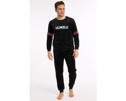 Pyjama in Fluweel/fleece - Heren - ronde kraag - maat M - blauw/zwart/beige - Super zacht - HQ - humble print - broek andere kleur - Lekker warm - cossy