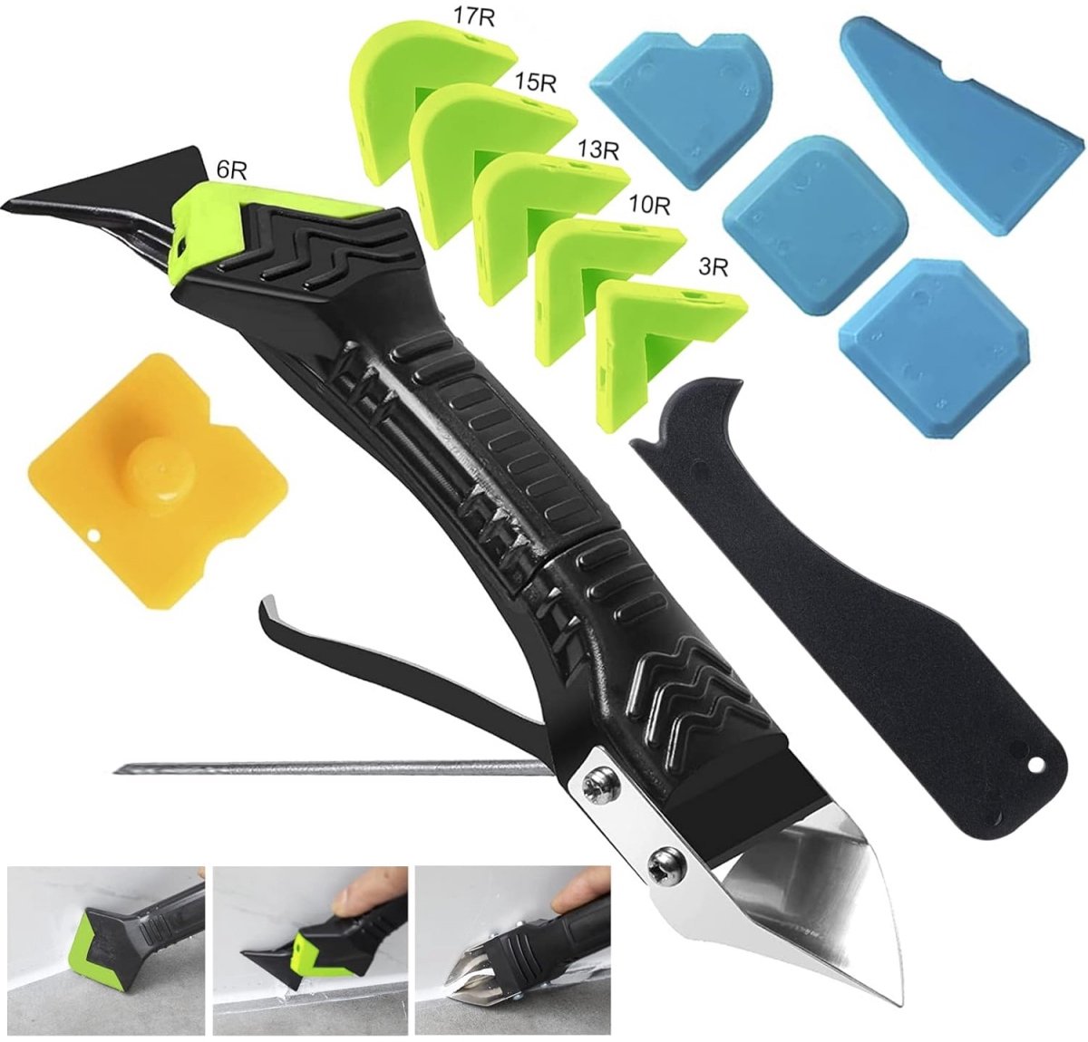 TOVBMUP Dichtmiddelverwijderaar - 13 Stuks - Silikonentferner Set - 6 Uitwisselbare Siliconen Pads (3R, 6R, 10R, 13R, 15R, 17R) - Antislip Duw-Trek Knop - Rostvrij en Herbruikbaar - Geschikt voor Keuken, Badkamer, Vloer, Gootsteen en Ramen