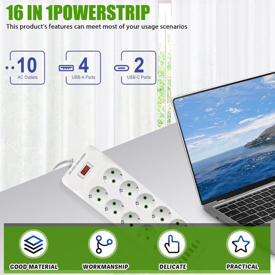 4-voudig hoekstopcontact, meervoudig stopcontact met USB, stekkerdoos met schakelaar en 2 type C, stekkerdoos, overspanningsbeveiliging, 4000 W, 16 A, met 2 m kabel voor smartphones en tablets, wit
