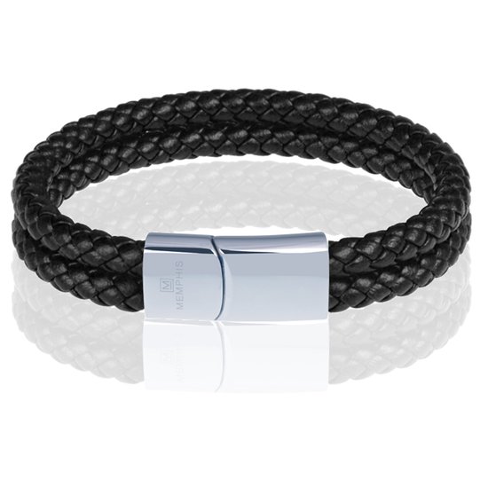 Bracelet cuir double Memphis Noir Argent-24cm