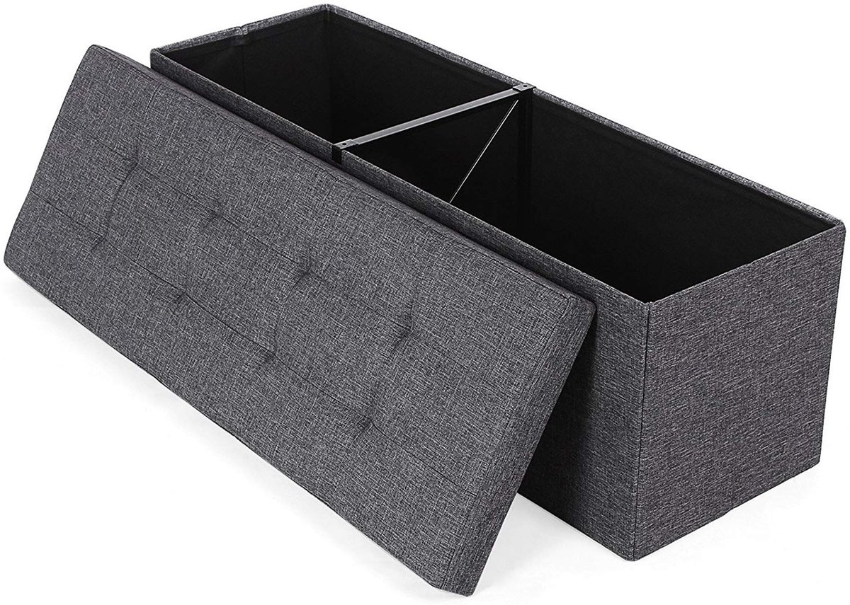 Hoppa! Zitbank - zitkist - zitpoef - voetenbank - hocker met opbergruimte en deksel - Donkergrijs - Polyester/MDF - 111 x 39 x 39 cm
