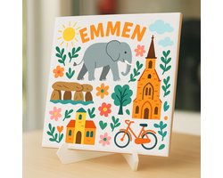 Tegeltje Emmen - 15×15 cm – Keramiek – Decoratief Souvenir – Inclusief Transparante Houder / Ezel – Cadeau - Tegeltjes met tekst