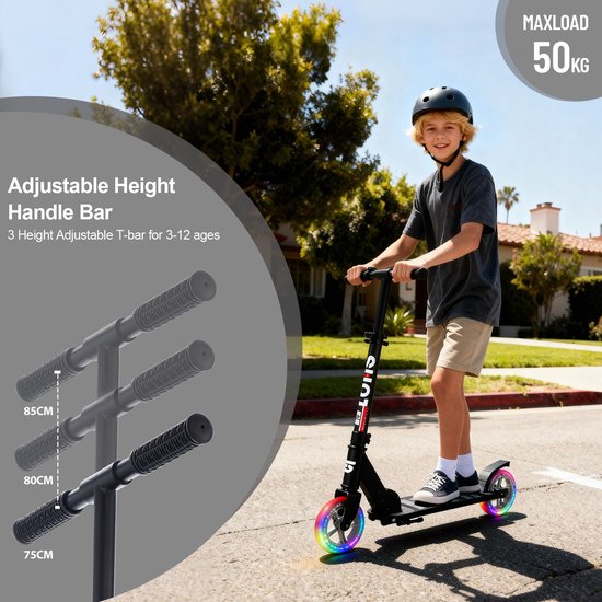 Suotu Kinderstep - 145mm Lichtgevende Wielen - Step - Speelgoed Jongens/Meisjes - Max stuurhoogte: 85 cm - Aluminium - Zwart