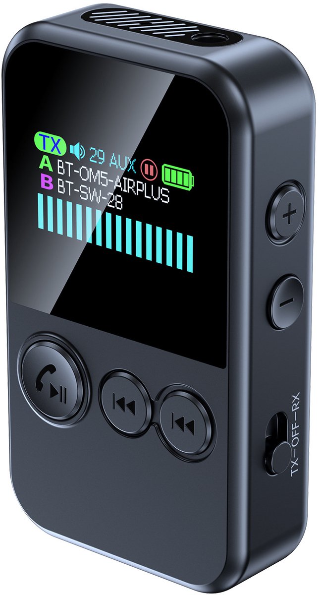 Bluetooth-zender voor tv naar 2 hoofdtelefoons, Bluetooth AUX-adapter voor handsfree bellen in de auto, 3,5 mm draadloze zender-ontvanger met LED-display voor vliegtuig/stereo/sportschool
