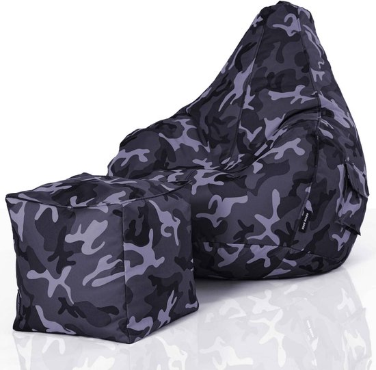 Set van 2 Zitzakken en Kruk - Duurzaam, Afwasbaar & Vlekbestendig - Perfect voor Kinderen en Volwassenen - Lounge en Gamingstoel - Camouflage Zwart