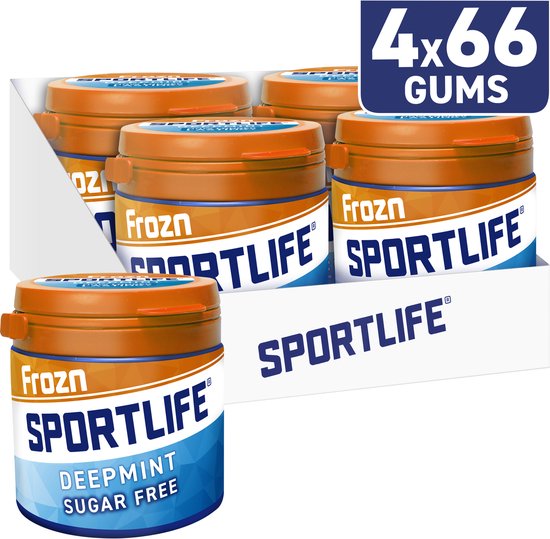 Een display met vier potten Sportlife Frozn Deepmint suikervrije kauwgom.