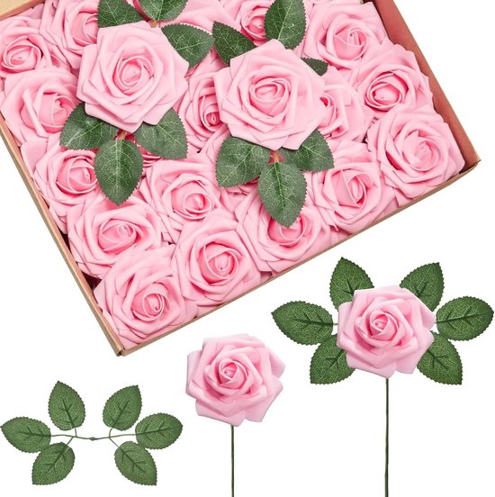 Kunstrozen 25 Stuks - Roze Nepbloemen met Steel - Kunstbloemen Boeket - Bruiloft & Decoratie