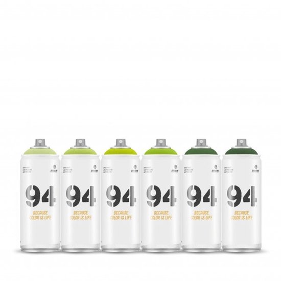 Six bombes de peinture MTN 94, toutes dans des tons verts, avec le texte "BECAUSE COLOR IS LIFE".