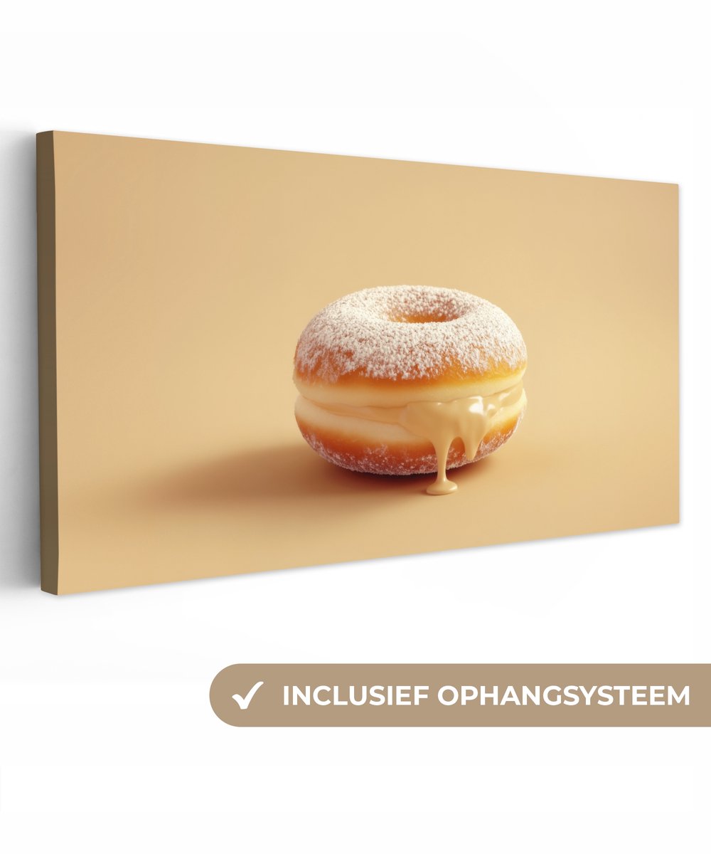 Canvas schilderij 100x50 cm - Exclusieve wanddecoratie Donut - Romig - Poedersuiker - Beige - Muurdecoratie accessoires - Keuken decoratie muur - Schilderijen op canvas