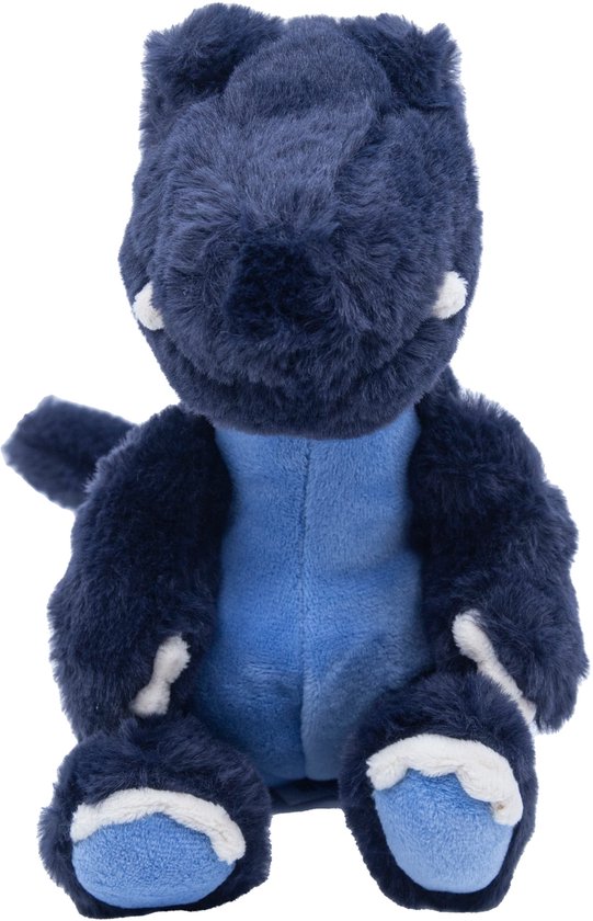 Donkerblauwe dinosaurus knuffel met een licht blauwe buik, witte tanden en witte details op voeten.