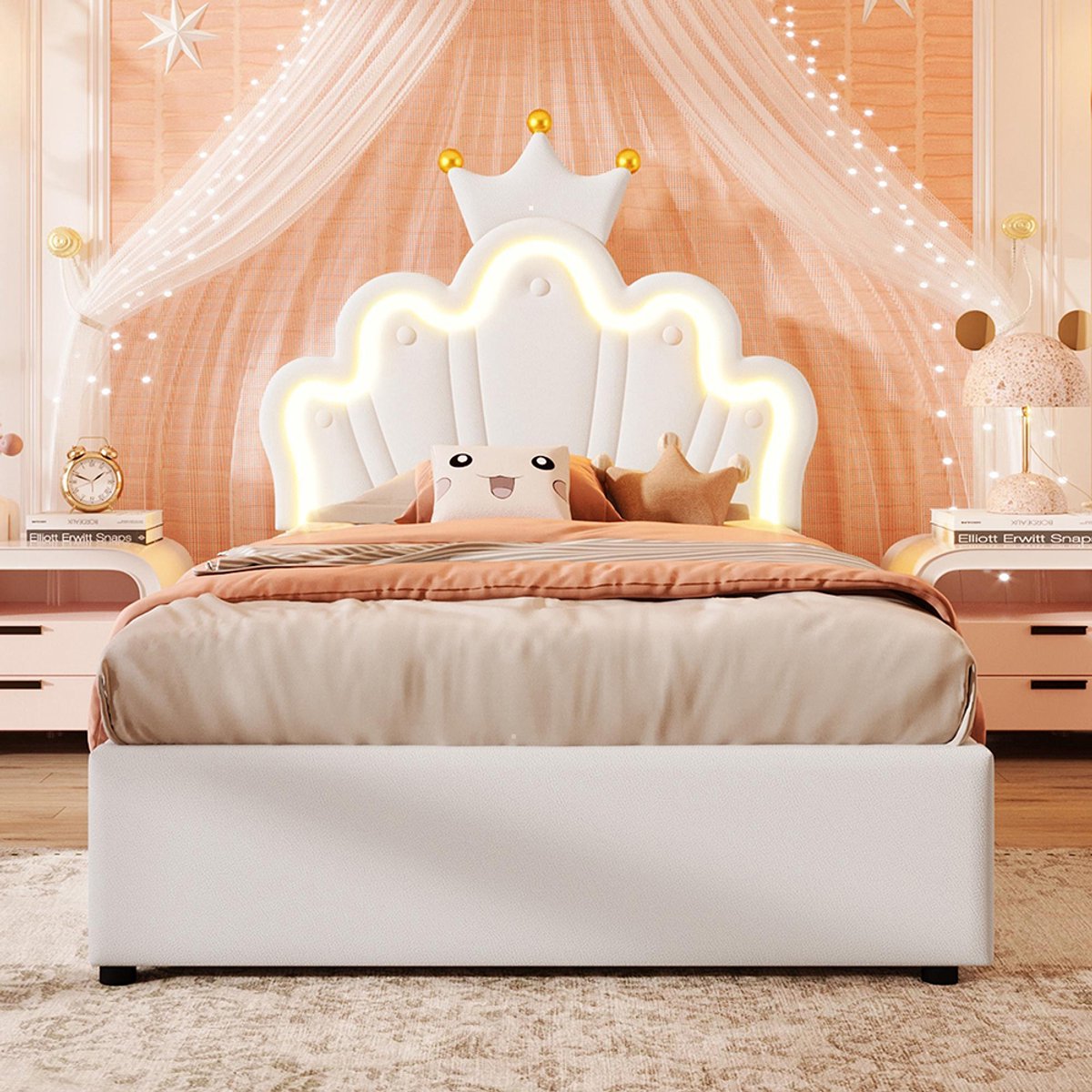 Gutent Gestoffeerd bed hydraulisch-90x200cm-met LED-lichtlijst-verstelbaar hoofdeinde-prinsessenbed in kroonvorm-PU-wit-mont matras