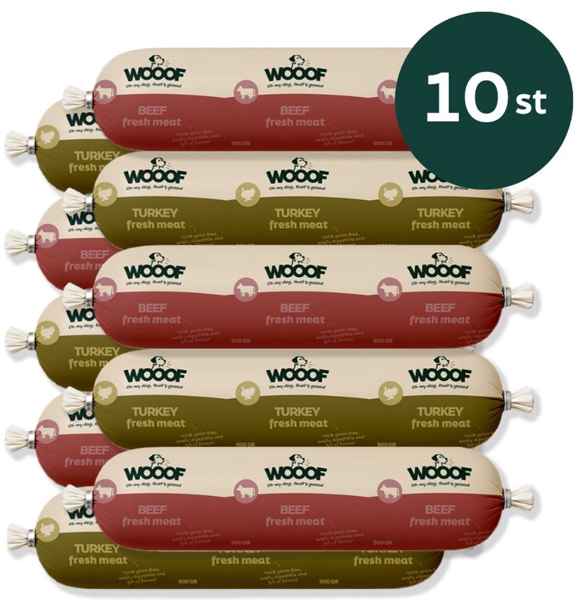Wooof WOOOF Honden worsten Graanvrij worsten Vers vlees natvoer - Kalkoen en Rund worsten hondenvoer - 10x 900gram