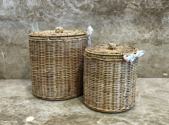 Set de 2 paniers de rangement avec couvercle – decoshoppen – D25 x H25 et D20 x H20 cm – Pot de rangement en rotin – Paniers