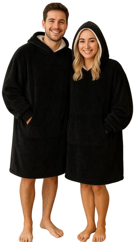 Fleece deken met capuchon & mouwen - zwart