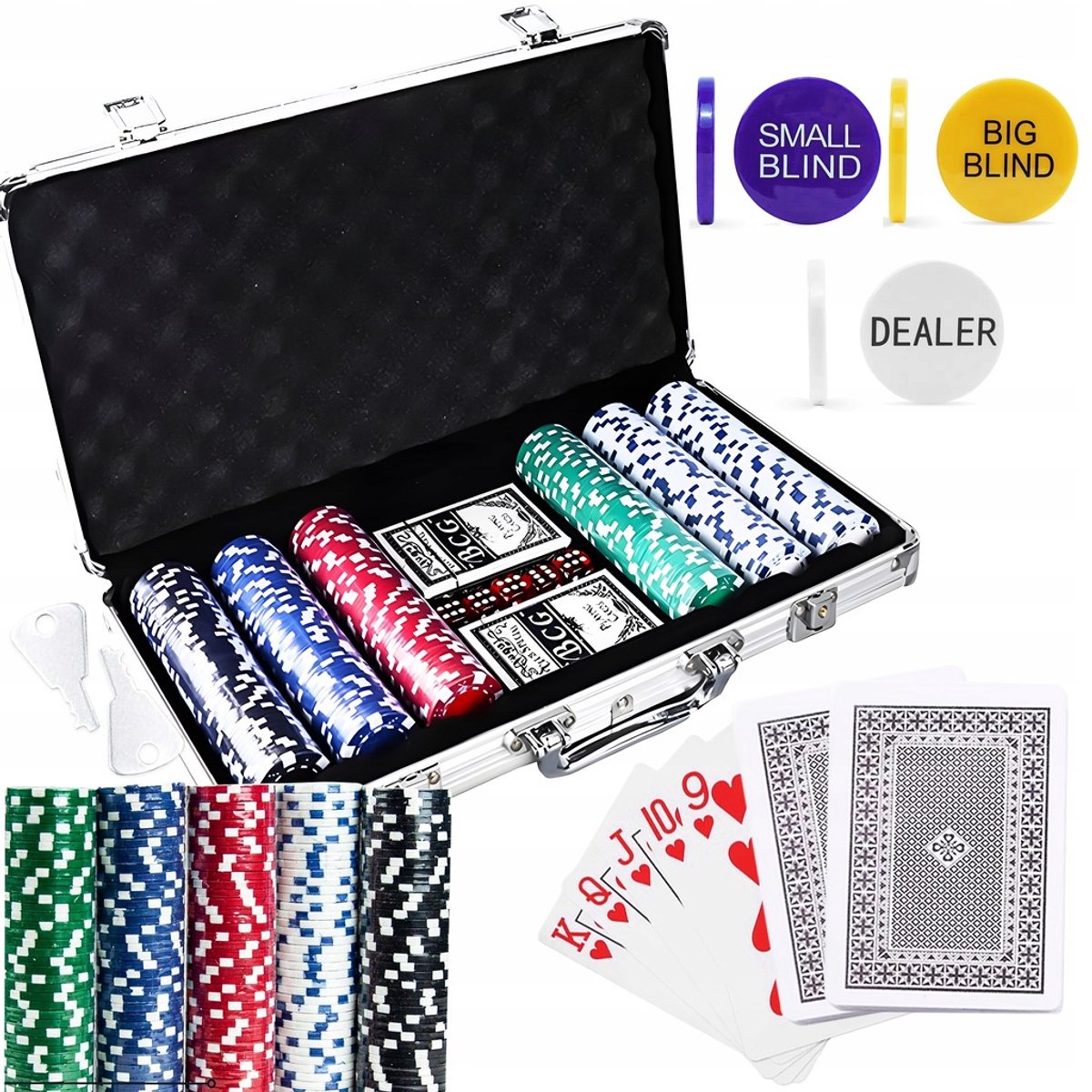 Poker Set ROYAL-FLUSH-PRO – 300 Clay Chips 10g – 2 Kaartspellen, Dobbelstenen & Dealer Buttons in Aluminium Koffer