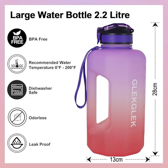 2,2 liter sportfles - grote capaciteit sportfles, BPA-vrij, lekvrij - blijf de hele dag gehydrateerd