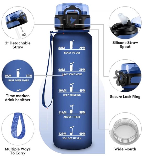 Sportfles 1 liter - Voedselveilig kunststof - Met tijdmarkeringen