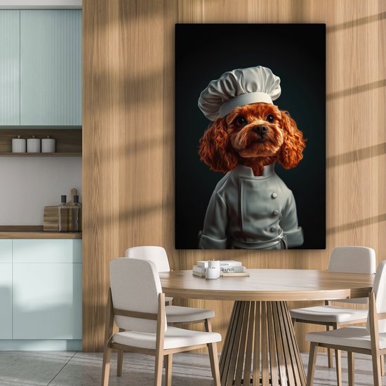 Canvas schilderij 80x120 cm - Exclusieve wanddecoratie Bruin - Kok - Hondje - Muurdecoratie woonkamer - Slaapkamer decoratie - Kamer accessoires - Schilderijen op canvas