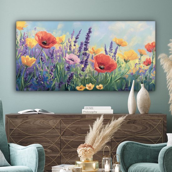 Canvas schilderij 160x80 cm - Exclusieve wanddecoratie Weide - Bloemen - Kleurrijk - Muurdecoratie woonkamer - Slaapkamer decoratie - Kamer accessoires - Schilderijen op canvas