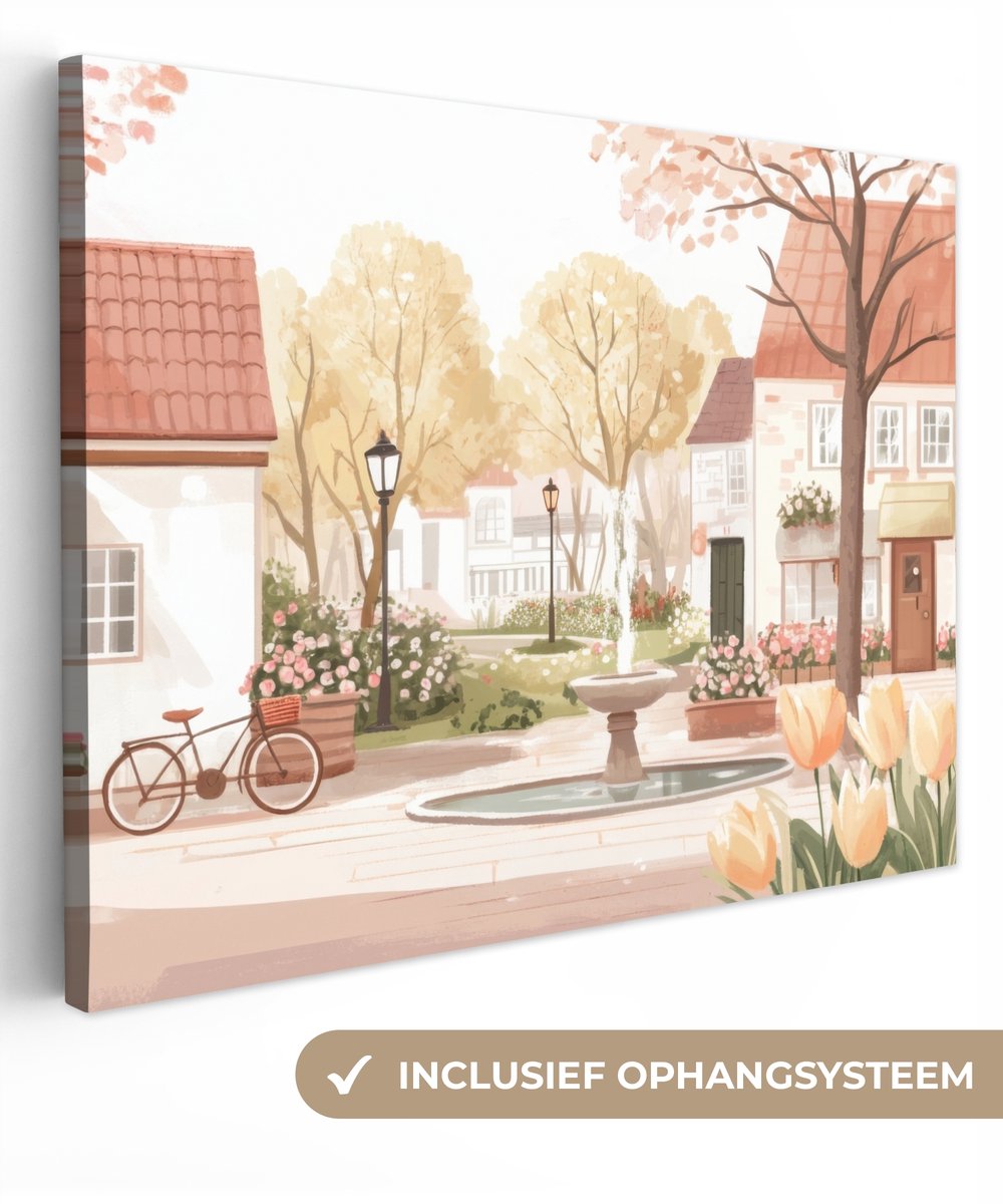 Canvas schilderij 40x30 cm - Exclusieve wanddecoratie Dorpsplein - Fontein - Tulpen - Muur