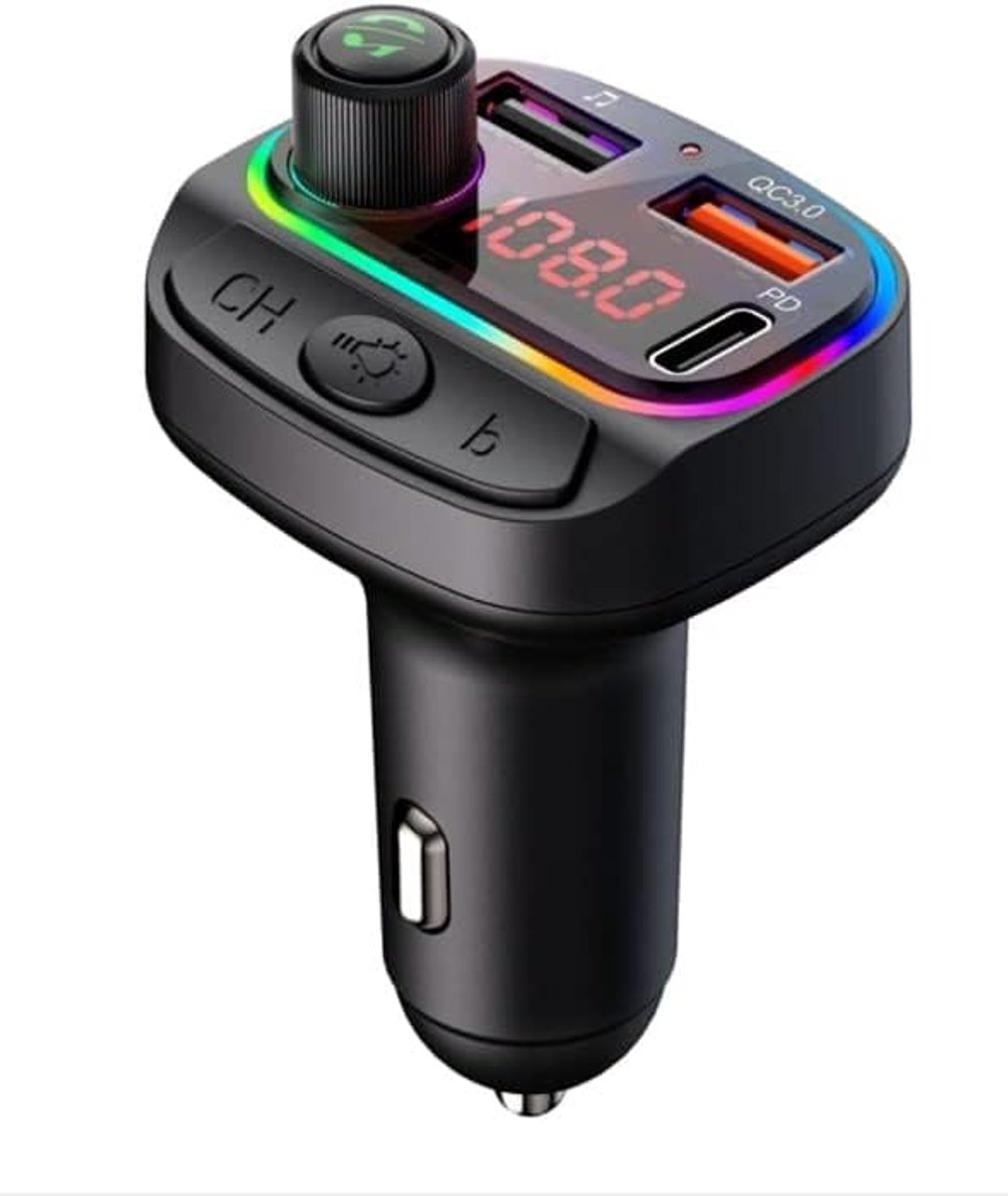 Bluetooth FM-zender geschikt voor Xiaomi 12 - Autoradio-adapter - Handsfree autokit met QC3.0 en 5V/2.4A-oplader, 7-kleurige achtergrondverlichting, USB MP38-muziekspeler